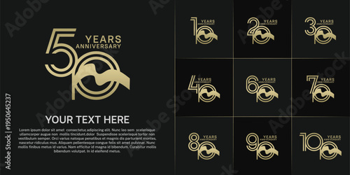 Anniversary logo type set with double line number. gold color and ribbon for celebration event