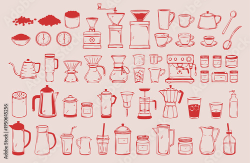 Hand-drawn coffee equipment and accessories icon set in vintage sketch style. Large collection of espresso machines, grinders, kettles, brewers, and cups isolated on a muted background for cafe menu
