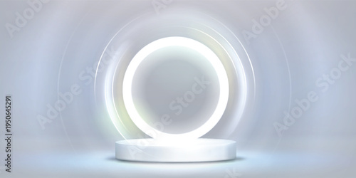3D background with realistic white, gray cylinder pedestal podium, Glowing round ring neon lighting line. Minimal wall scene mockup product display. Abstract geometric platforms. Round stage showcase.