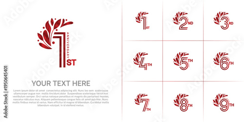Anniversary logo type set with double line number and floral ornament. red color for celebration event