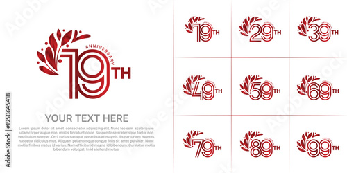 Anniversary logo type set with double line number and floral ornament. red color for celebration event