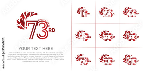 Anniversary logo type set with double line number and floral ornament. red color for celebration event