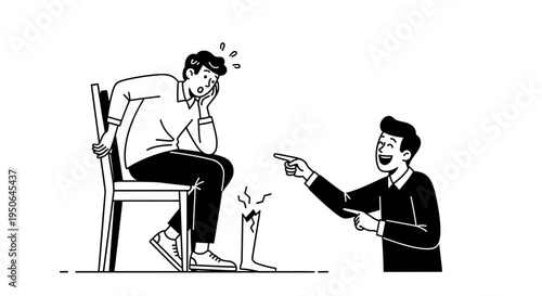 man sitting on chair talking on phone while another man points and laughs