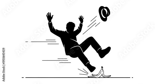 Man slipping on banana peel, falling down