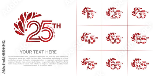 Anniversary logo type set with double line number and floral ornament. red color for celebration event