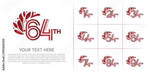 Anniversary logo type set with double line number and floral ornament. red color for celebration event