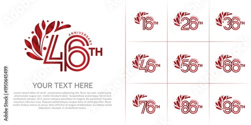 Anniversary logo type set with double line number and floral ornament. red color for celebration event