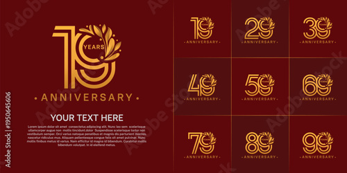 Anniversary logo type set with double line number and floral ornament. golden color for celebration event