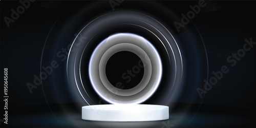 3D background with realistic white, gray cylinder pedestal podium, Glowing round ring neon lighting line. Minimal wall scene mockup product display. Abstract geometric platforms. Round stage showcase.
