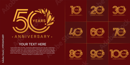 Anniversary logo type set with double line number and floral ornament. golden color for celebration event