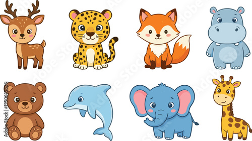 Cute wild animal cartoon collection, deer leopard fox hippo bear dolphin elephant giraffe vector illustration set for kids