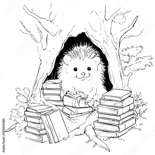 Hedgehog Reading Books in Cave under Tree