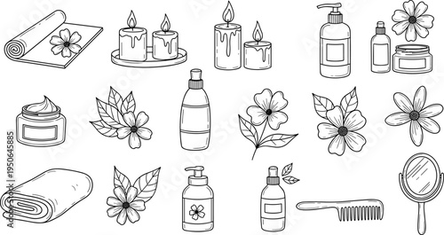 Collection of hand-drawn spa and beauty essentials with floral accents
