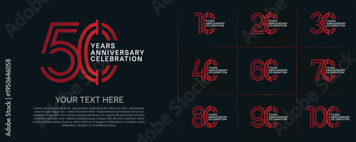 Anniversary logo type set with double line number. red and white color for celebration event