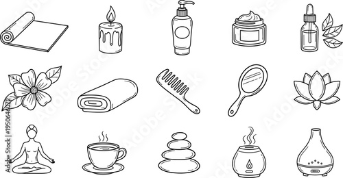 Collection of hand-drawn icons representing wellness, spa, and self-care activities