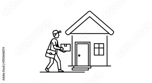 Delivery Person Bringing Package to House in Line Art.