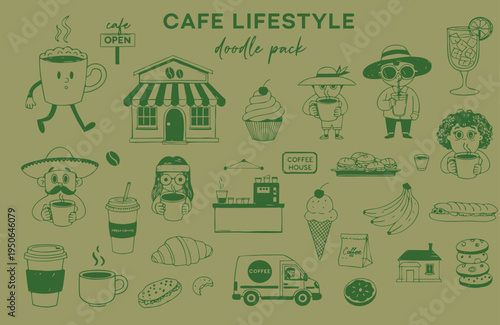 Cafe lifestyle doodle pack, hand drawn coffee characters, bakery items, coffee shop building, delivery van, espresso machine, and dessert icons, vintage green sketch style cafe elements collection.
