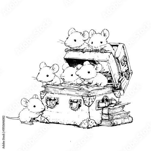 Mice Peek Out of Open Suitcase with Books