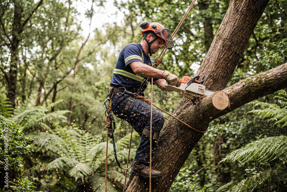 Obraz premium Male arborist wearing safety gear cuts a thick tree branch with a chainsaw high in a tree