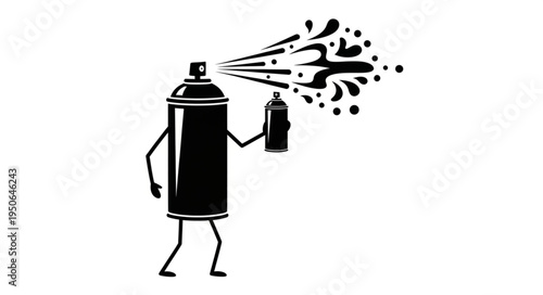 Spray Can Character Spraying Smaller Can, Black and White Illustration.