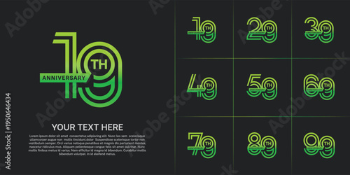 Anniversary logo type set with double line number. green color with ribbon for celebration event