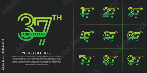 Anniversary logo type set with double line number. green color with ribbon for celebration event