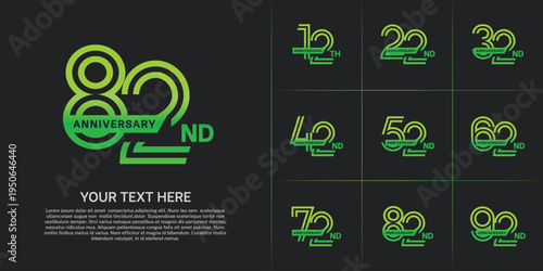 Anniversary logo type set with double line number. green color with ribbon for celebration event