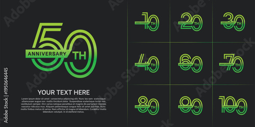 Anniversary logo type set with double line number. green color with ribbon for celebration event