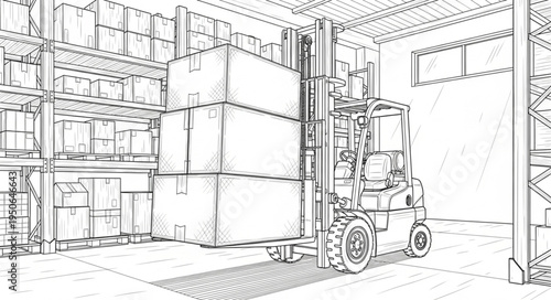 Forklift Transporting Stacked Boxes in Warehouse Sketch.