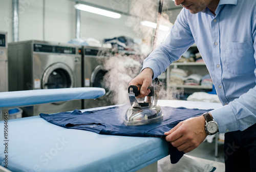 Male laundry worker ironing blue shirt with steam in professional laundromat
