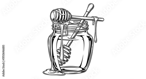 honey jar with dipper and honeycomb