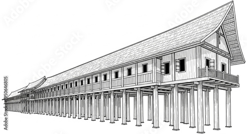 Detailed Sketch of a Traditional Longhouse on Stilts.
