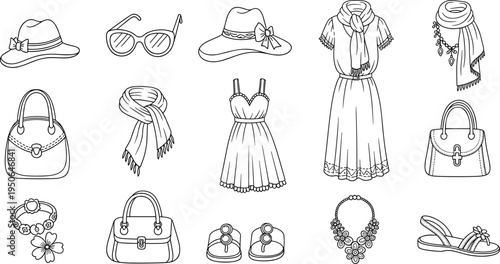 Collection of hand-drawn fashion accessories and clothing items for women
