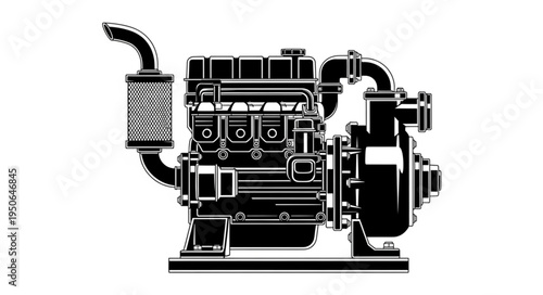 Detailed Illustration of a Water Pump Engine on White Background.