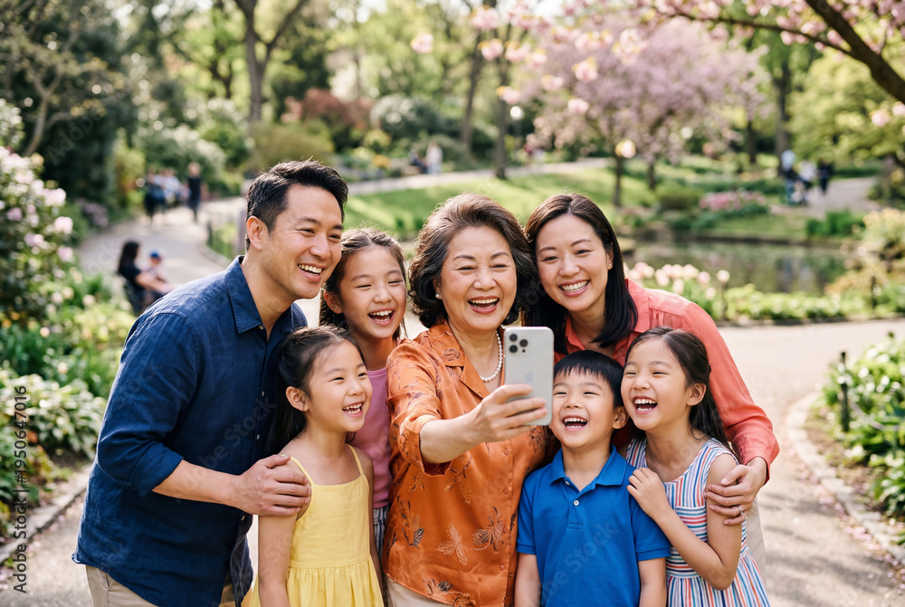 Obraz premium Asian multi generational family taking selfie in park with cherry blossoms