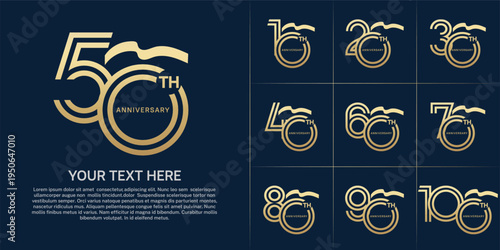 Anniversary logo type set with double line number. golden color with long ribbon for celebration event