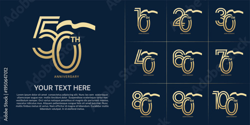 Anniversary logo type set with double line number. golden color with long ribbon for celebration event