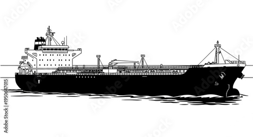 Detailed Black and White Illustration of a Large Oil Tanker Ship.