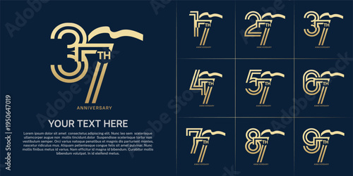 Anniversary logo type set with double line number. golden color with long ribbon for celebration event