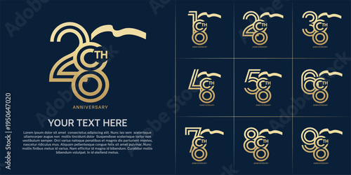 Anniversary logo type set with double line number. golden color with long ribbon for celebration event