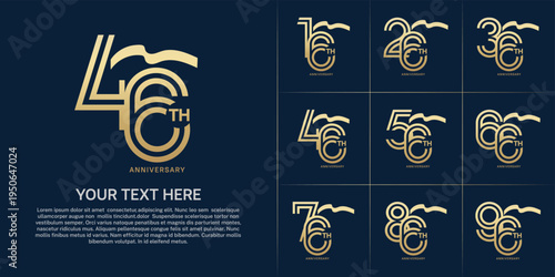 Anniversary logo type set with double line number. golden color with long ribbon for celebration event