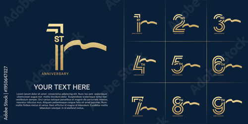 Anniversary logo type set with double line number. golden color with long ribbon for celebration event