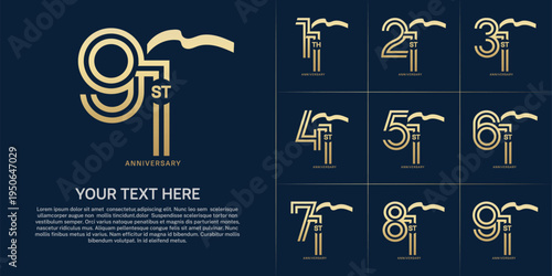 Anniversary logo type set with double line number. golden color with long ribbon for celebration event