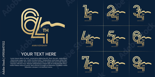 Anniversary logo type set with double line number. golden color with long ribbon for celebration event