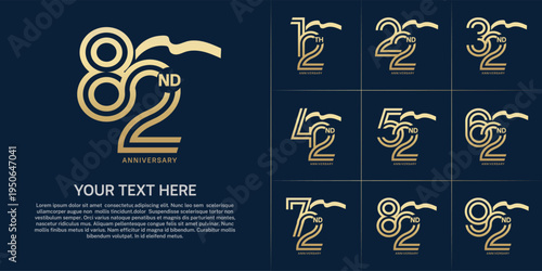 Anniversary logo type set with double line number. golden color with long ribbon for celebration event