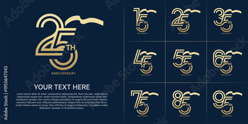 Anniversary logo type set with double line number. golden color with long ribbon for celebration event