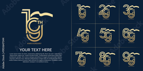 Anniversary logo type set with double line number. golden color with long ribbon for celebration event