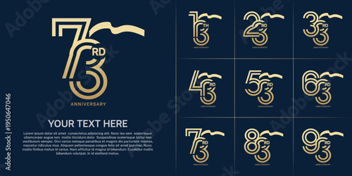 Anniversary logo type set with double line number. golden color with long ribbon for celebration event