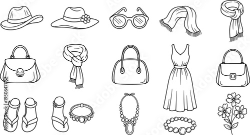 Collection of hand-drawn fashion accessories and clothing items for women