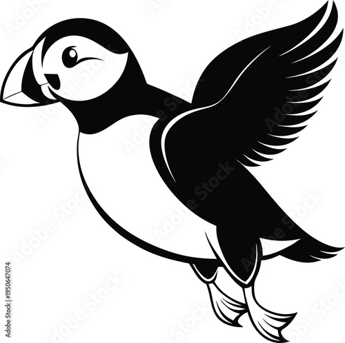 A black and white vector illustration of a cute atlantic puffin bird flying through the sky area